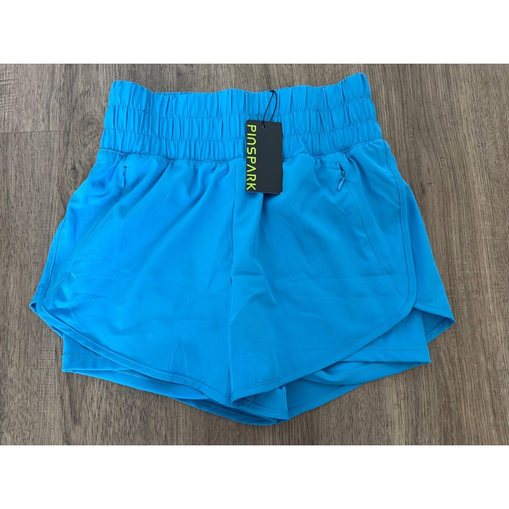Pinspark Women's Athletic Running Shorts Blue Zip Pocket Lined Active Gym Large